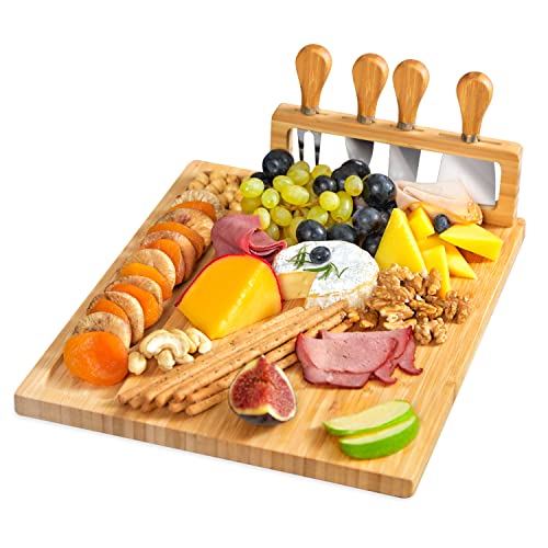 Large Round Cheese Board and Knife Set - Charcuterie Board, Bamboo Cheese Board Set, Cheese Platter Board, Cheese Tray Set, Cheese Cutting Board Set