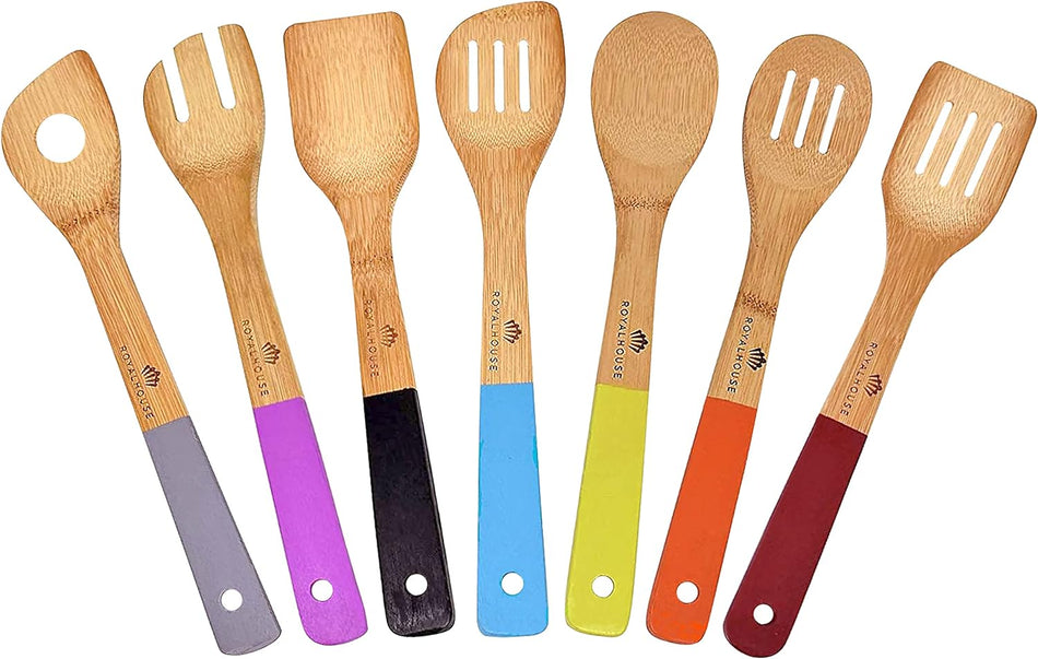 Royal House Wooden Kitchen Utensils Set, 7 Piece Bamboo Cooking Tools, Cooking Spoons and Spatulas with Colored Handles, Non-Stick Wooden Spoons for Cooking