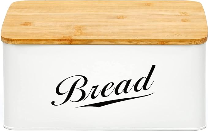 Royal House Modern Metal Bread Box with Bamboo Cutting Board Lid, Bread Storage Container for Kitchen Counter, Vintage Kitchen Decor Organizer