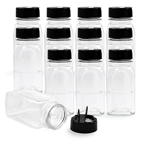 Royal House 12 Pack 9.5 Oz Plastic Spice Jars with Black Cap, Clear and Safe Plastic Bottle Containers with Shaker Lids for Storing Spice, Herbs and Seasoning Powders, BPA Free, Made in USA