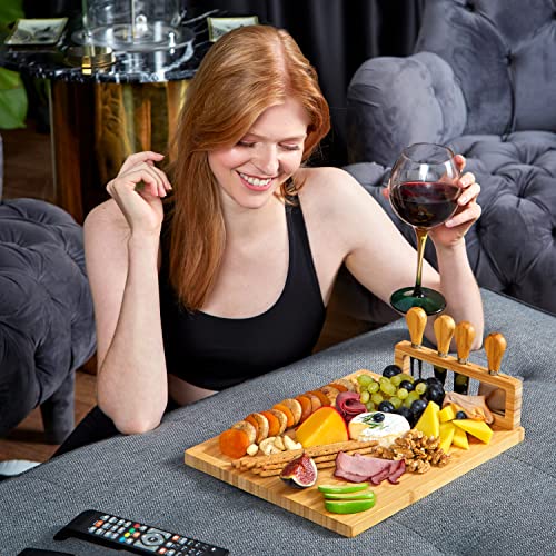 RoyalHouse Unique Bamboo Cheese Board and Knife Set - Charcuterie Boards  Set & Cheese Platter with Slide-Out Cutlery Drawer - Serving Tray for